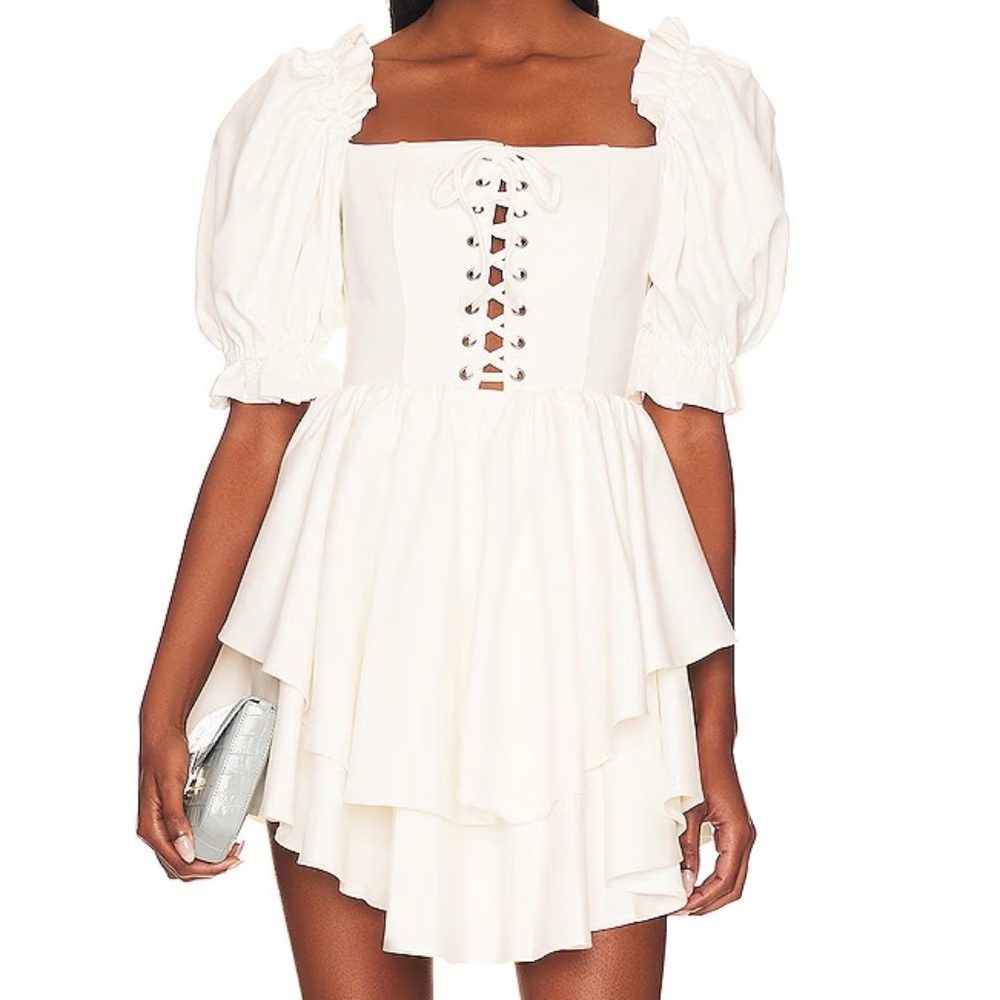 Selkie Cream Lace-Up Puff Sleeve Mini Dress